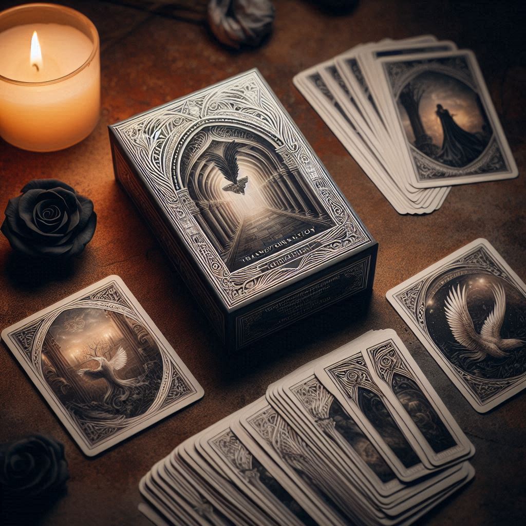 Custom Tarot Cards displayed with a box and spread out cards featuring intricate designs on a table with candles and flowers.