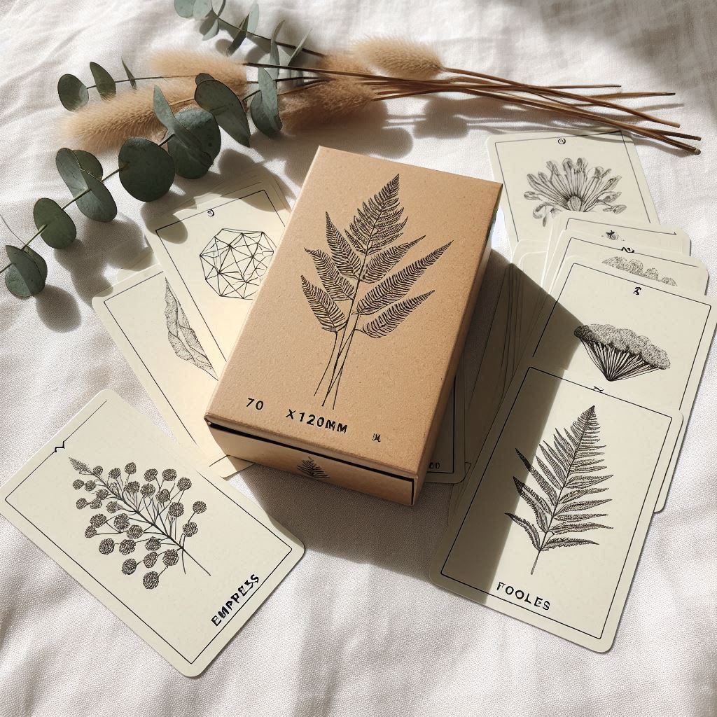 Custom Tarot Cards in a box with fern design and illustrated cards laid out. Size: 70 x 120mm.