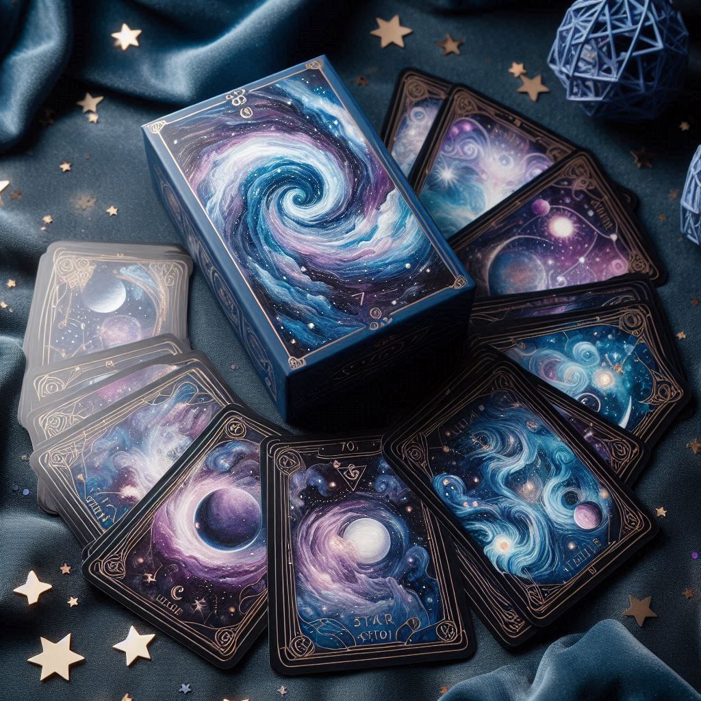 Custom Tarot Cards beautifully displayed with a stunning cosmic design on cards and tuck box.