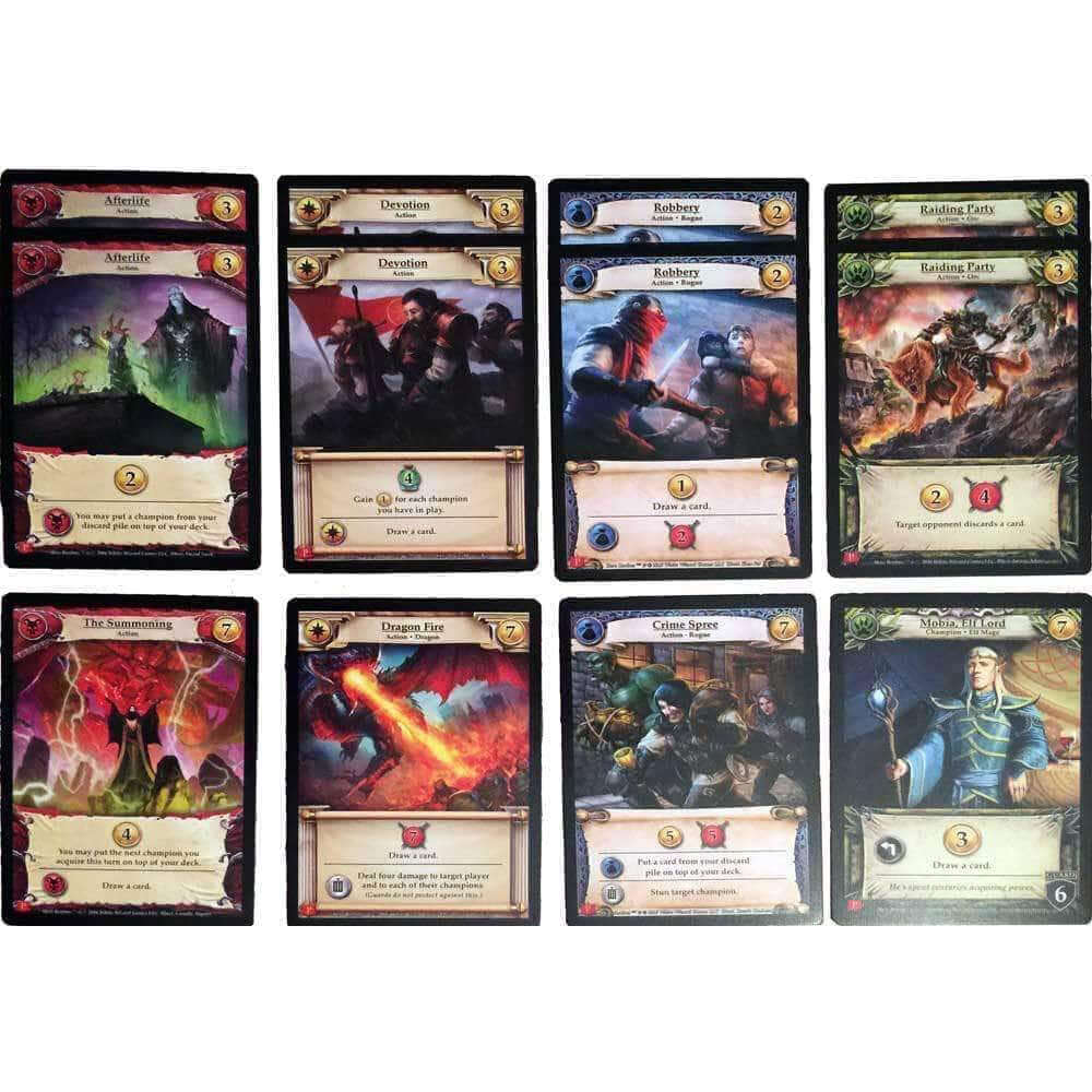 Trading Card Game featuring eight unique cards from the Hero Realms series showcasing vibrant artwork and game mechanics.
