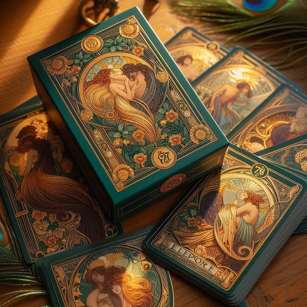 Custom Tarot Cards deck featuring intricate designs and a decorative box with gold detailing.